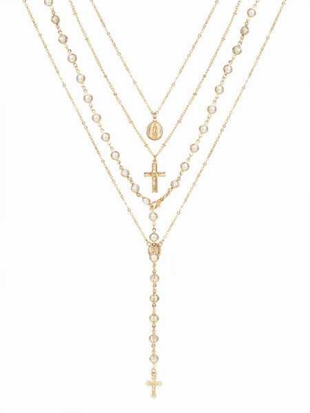 FAUX PEARL & CROSS LAYERED NECKLACE For Daily Casual Music Festival/Live House Party/Clubbing