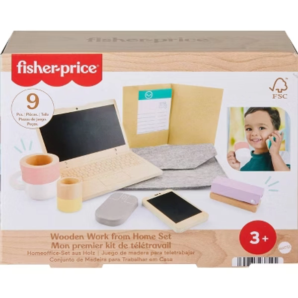 Fisher-Price Wooden Work From Home Set Pretend Office Playset with Wood Laptop for Kids 9pc