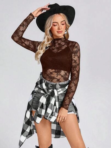 Wildy Summer Black Mesh Sheer Lace American Country Music Festival Blouse For Women,Brown Top