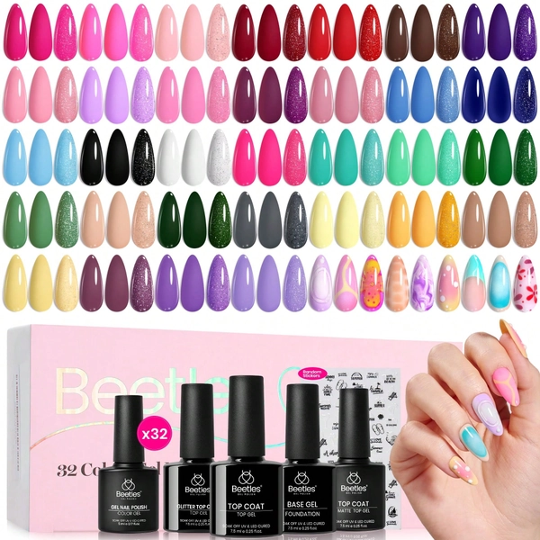 Beetles 32 Colors Spring Gel Polish Set - Purple Orange Red Brown Black White Blue Nude Green All Seasons Kit With Base Top Coat, UV LED Needed, Gifts For Women Fingertips Canvas