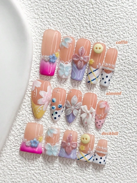 10Pcs Rural Style Handmade Press On Nail,Polygel Nail Set,Blueberry, Petals, Bows, Yellow, Pink And White Nail Polish,Sweet Style,Includes Nail Tools,3 Sizes Available,Almond Nails , Duck Nails,Coffin Nails For Party, Dance, Daily Wear.