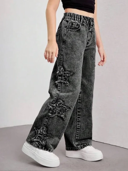 SHEIN Girls Kids Tween Loose Fit Mid Waist Straight Leg Jeans