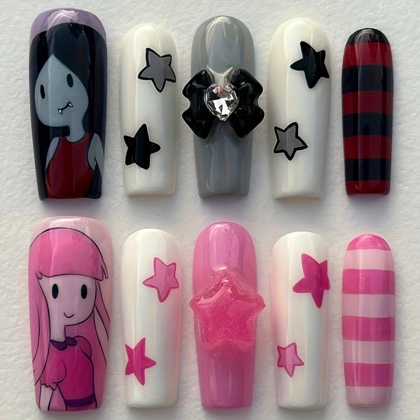 10pcs Handmade 3D Cartoon Star Strip Long Square Glossy Fake Nails - Mixed Color Rhinestone Decoration, Exquisite Design, a Must for Fashion Lovers, Suitable for Parties, Travel And Parties, Holiday Gifts, Durable DIY Nail Set, Halloween, Thanksgiving