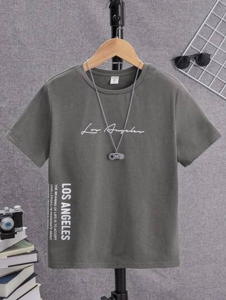 SHEIN Tween Boy Casual Letter Printed Round Neck Pullover Short Sleeve T-Shirt For Summer