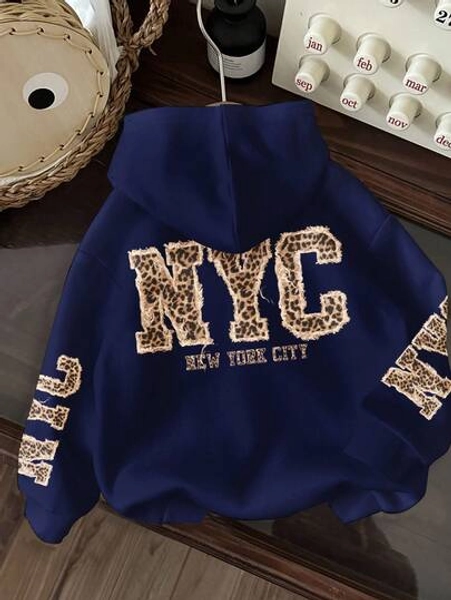 SHEIN EZwear Casual Minimalist NYC & Leopard Print Pattern Navy Blue Hoodie Sweatshirt, Suitable For Autumn/Winter