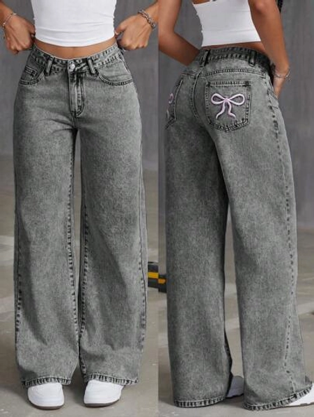 SHEIN ICON Women's Wide Leg Loose Fit Embroidered Bowknot Washed Denim Pants - Size 30