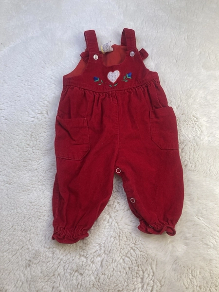 Vintage 80s Red Corduroy Overalls with Embroidered Flowers Baby Girl 3-6 Months