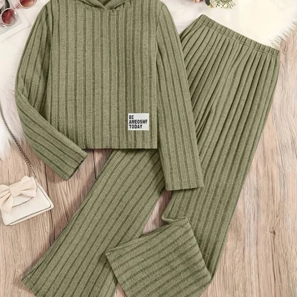 2pcs Girls Solid Ribbed Knit Outfits Girls clothes