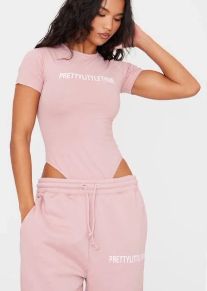 Women's Prettylittlethings Light Pink Logo Short Sleeve Bodysuit