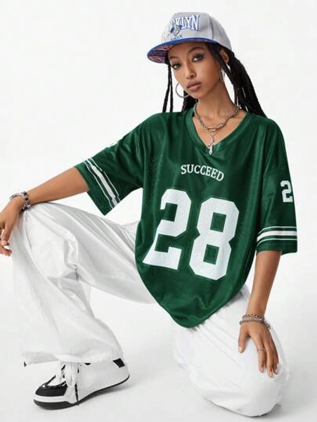 SHEIN Coolane Summer Fashion Color Block Striped Breathable Football T-Shirt With Letter & Number Print