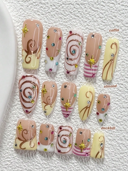 10Pcs Sweet And Edgy Style Handmade Nail Art Set,Polygel Nail Set,Colorful Rhinestones, Gold Stars Nail Art Accessories,Includes Nail Tools,3 Sizes Available,Almond Nails , Duck Nails,Coffin Nails For Party, Dance, Daily Wear.