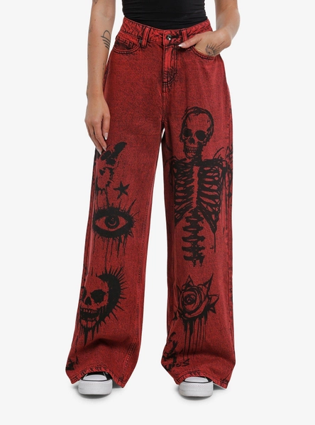 Social Collision Skeleton Red Wash Wide Leg Jeans