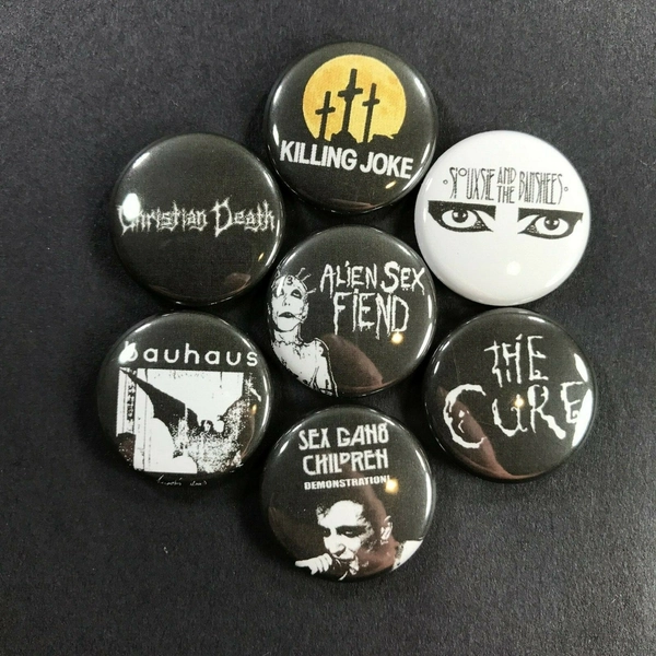 Goth Bands 1" Button Pin Set (7 Pins) Killing Joke Christian Death Sex 