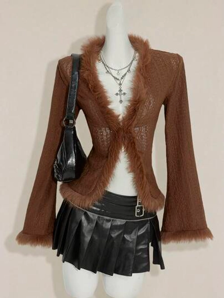 SHEIN ICON Women's Retro Bohemian Sexy Y2K Knit Jacquard Patchwork Fur Collar Brown T-Shirt