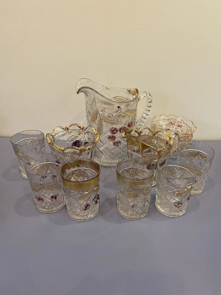 ANTIQUE Northwood SET OF 13 Cherry &amp; Cable Glass Dishes Set W/Gold Flashing