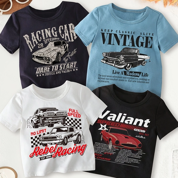 4pcs Vintage Racing Car Graphic T-Shirts for Boys - "Racing Speed," "Keep Classic Alive," "Full Speed Rebel Racing" Designs, Short Sleeve, Round Neck, Casual Summer Tops, Summer Clothing | Vintage Car Design | Comfortable Fit, Boys Clothing