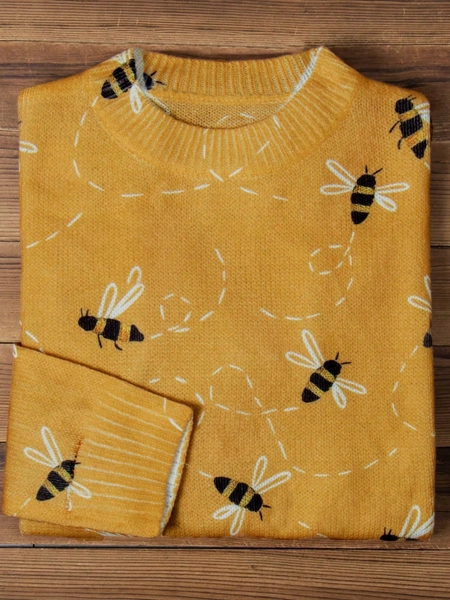 New Women's Casual Fashion Contrasting Bee Pattern Knit Sweater