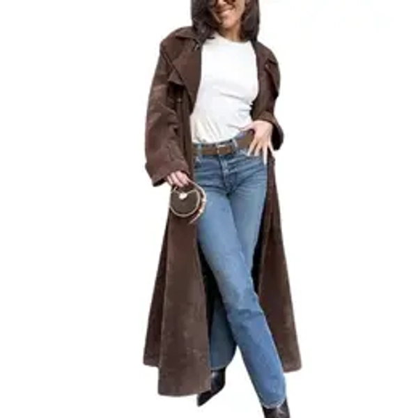 Chouyatou Womens Faux Suede Long Trench Coat Notched Lapel Double Breasted Pea Coat Overcoat with Belt