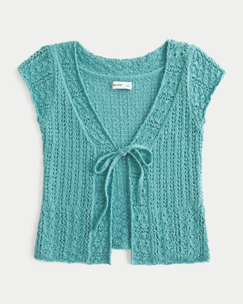 Short-Sleeve Tie Front Open-Stitch Cardigan
