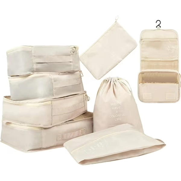 Gowinsee 8 Pcs Set Packing Cubes , Lightweight Travel Luggage Packing Organizers With Toiletry Bag And Shoes Bag For Travel Accessories (Beige)