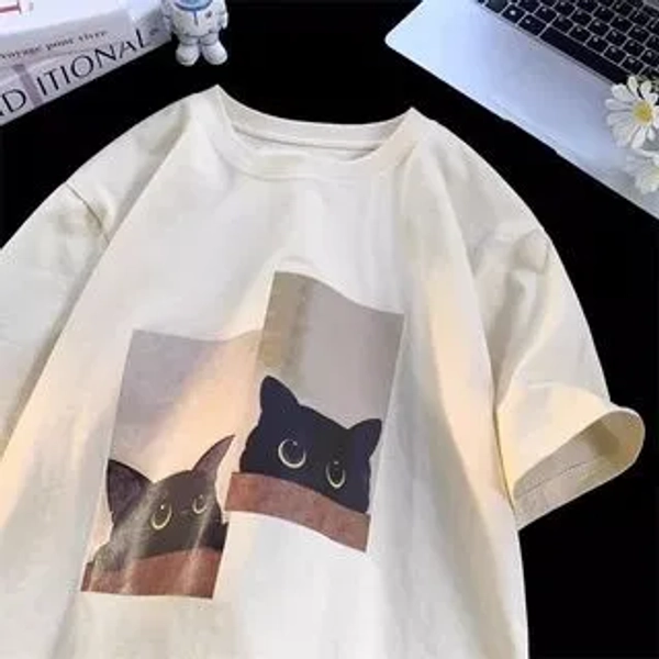 Couple Matching Short-Sleeve Cat Print Oversize Tee