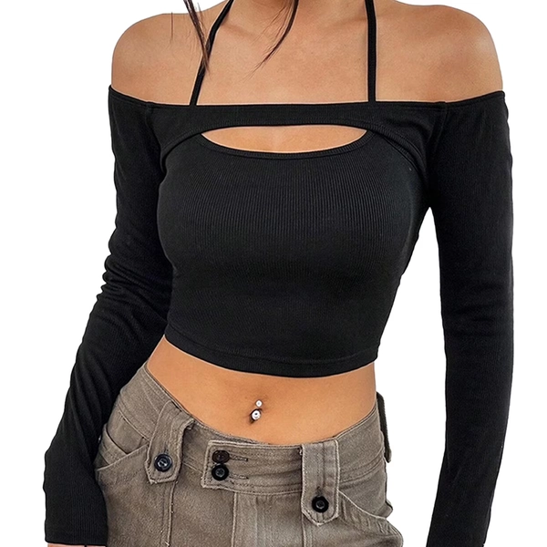 Women's Cut Out Long Sleeve Off Shoulder Halter Crop T Shirts Top Ribbed Knit Top Spaghetti Halter Off The Shoulder Shirt - Small
