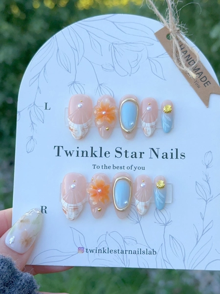 Premium Forget Me Not | Pastel Blue Press On Nails | Golden Chrome Press Ons | Acrylic Nails | Reusable Nails | Salon Quality Nails | xhj179