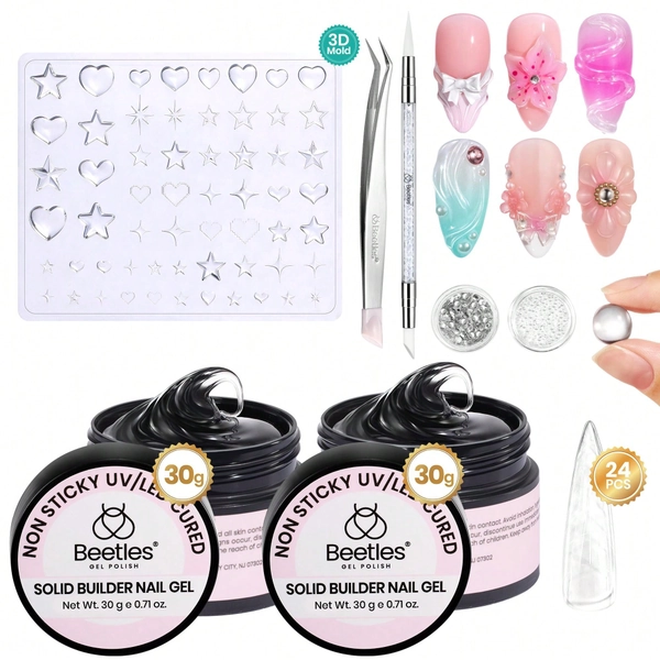 2Pcs 30g 3D Gel Nail Art Set Beetles, Pastel Playland Clear Solid Builder Gels, Non-Sticky Sculpting Gel With Dual-Ended Sculpture Pen & 24Pcs Dual Molds, Beginner Friendly DIY Home Manicure, UV LED Lamp Required