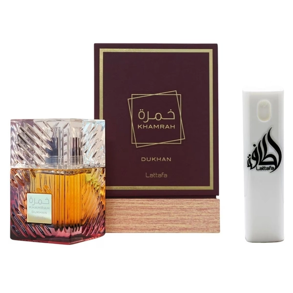Set Apa de Parfum, Lattafa, Khamrah Dukhan, unisex, 100ml cu Kit Reincarcabil Travel 10 ml