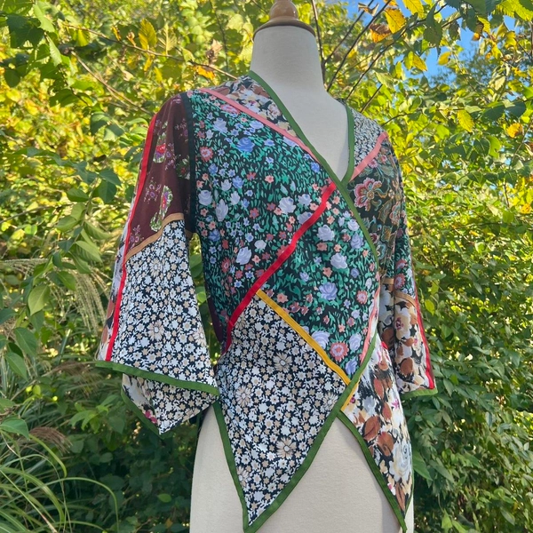 Gorgeous 1970s patchwork wrap top with angel sleeves...