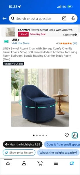 Amazon.com: LINSY Swivel Accent Chair with Storage Comfy Chenille Barrel Chairs, Small 360 Swivel Modern Armchair for Living Room Bedroom, Boucle Reading Chair for Study Room (Blue) : Home & Kitchen
