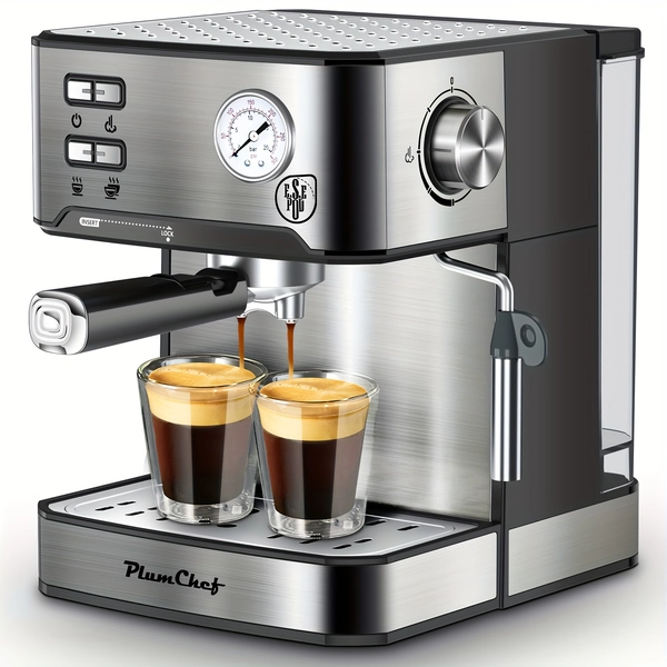 Plum Chef Espresso Maker, Stainless Steel, Dual-Brew Coffee System, 1.6L Water Tank, Safety Features, Overpressure Protection, Ideal for Daily Brewing, Perfect for Home Use