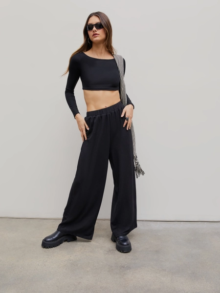 Solid Knitted Crop Top &  Wide Leg Trousers Set