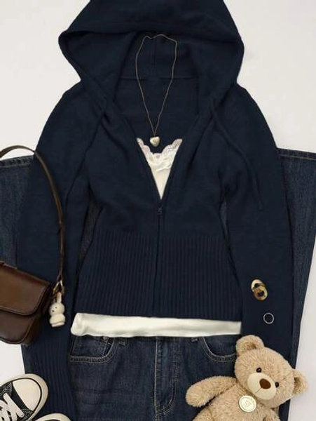 Women's Casual Cute Cropped Zip Hooded Slim Fit Knitted Sweater Cardgian Top Drawstring Long Sleeve Daily Commuter Versatile Knit Coat Fall Winter Going Out Outfits Clothes Streetwear Y2K