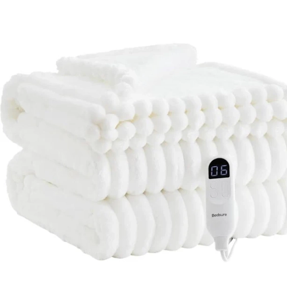 Bedsure Electric Blanket Thick Striped Flannel Heated Blanket with 6 Heat Settings