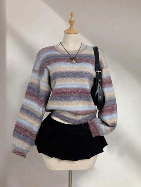 Elamini Women's Autumn/Winter Ombre Dropped Shoulder Long Sleeve Loose Casual Fashionable Sweater
