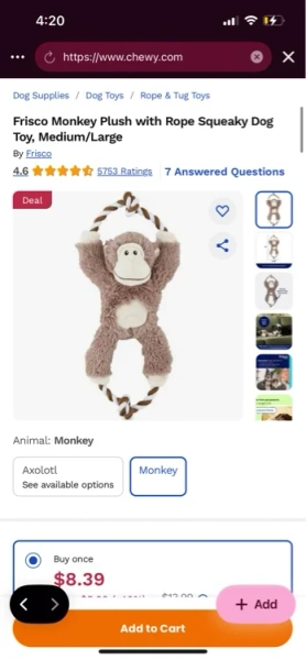 Frisco Monkey Plush with Rope Squeaky Dog Toy