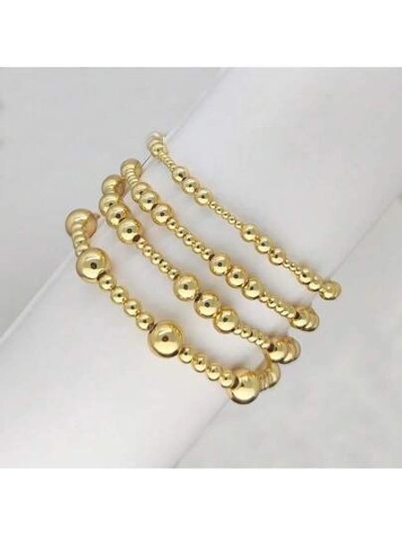 18K Gold Plated Copper Beaded Bracelet Set, Minimalist & Fashion Style Stackable Bracelets, Versatile Accessories For Women