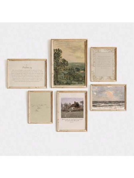 Set Of 6 Vintage Christian Wall Art Prints, Inspirational Bible Verse Scripture Canvas Posters, Faith Quote Religious Wall Decor Artwork, Rustic Cottagecore Aesthetic Gallery Set For Living Room Decor, Bedroom Decor, Home Decor, Wall Decor, Spiritual House Decoration, Elegant Room Decor Gift Idea