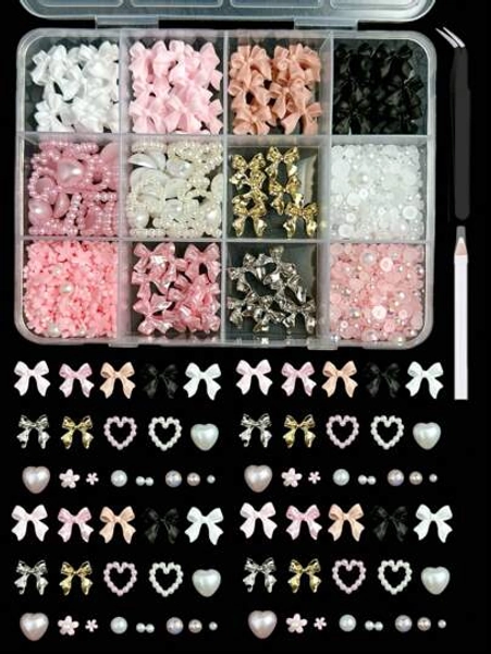 12-Compartment Box Mixed Resin Pearl Bow, Heart, Mini Floral Decor For Diy Nail Art Accessories, Versatile & Cute Nail Supplies Nails Nail Charms Nail Gems