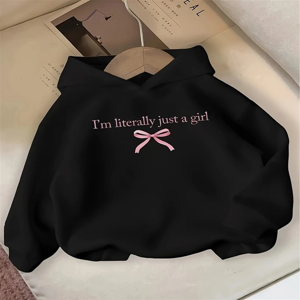 Girls' Red "I'm Literally Just a Girl" Hooded Sweatshirt with Bow Detail - Cozy Fall Winter Pullover, Casual Round Neck Sweater for Casual Attire, Machine Washable Girls Clothing