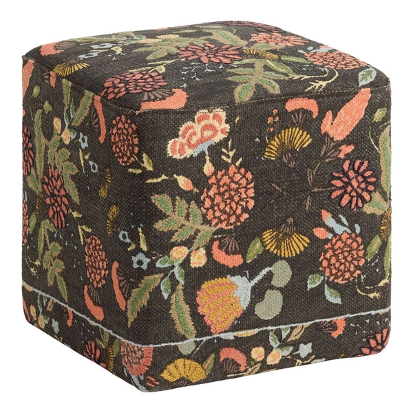 Jaipur Black and Sage Suzani Cotton Rug Cube Upholstered Ottoman