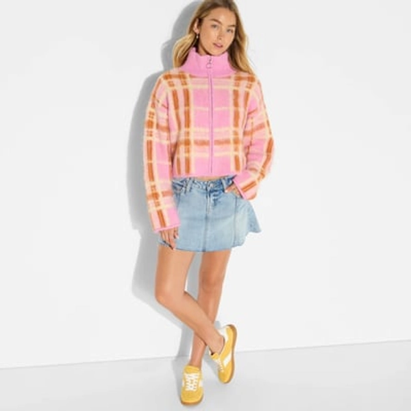 Women's Full Zip Mock Turtleneck Cardigan - Wild Fable™ Pink Plaid M