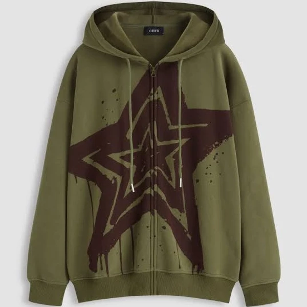 Oversized Jersey Zip-Through Star Graphic Hoodie