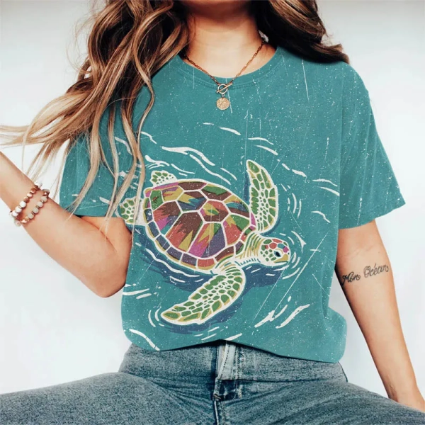 Rainy Colorful Sea Turtle Art Print Casaul T-shirt