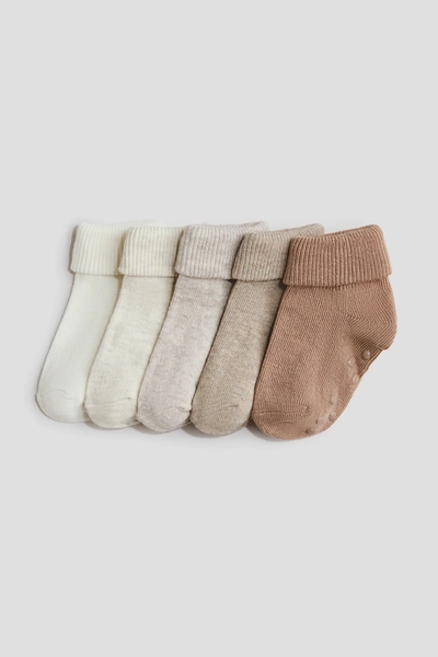 Size 0.5 - 2 - H & M - 5-pack Non-slip Socks - Beige Melange/Brown