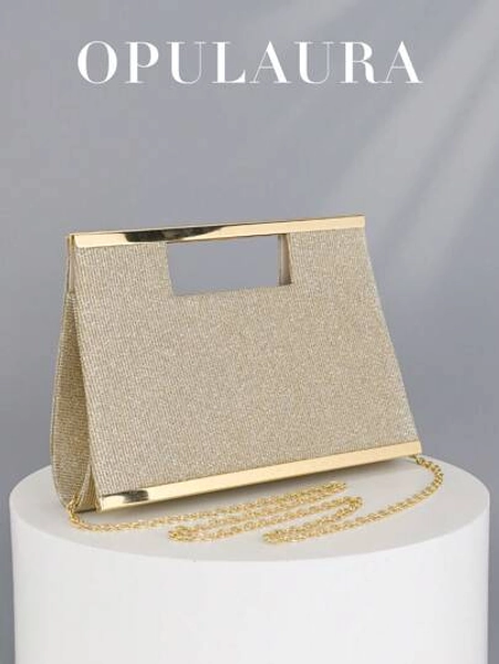 OpulAura Fashionable Metallic Clasp Evening Clutch, Sparkling Gold Metallic Bar Design, Luxury & Elegant Formal Handbag For Gala, Party, Wedding, Includes Detachable Chain