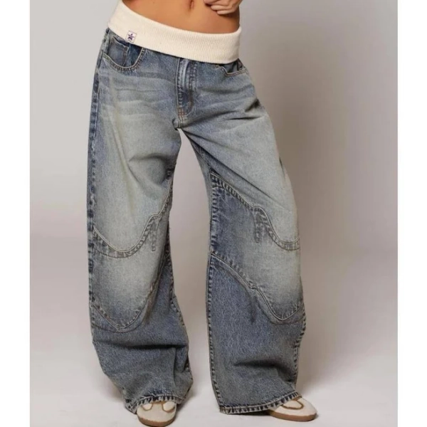 2025 New Women's Jeans Fashion Loose Casual Low-Rise Jeans Y2K American Retro Streetwear Wide-Leg Pants Rolled-Hem Clothing Fabric Elastic Mid-Rise