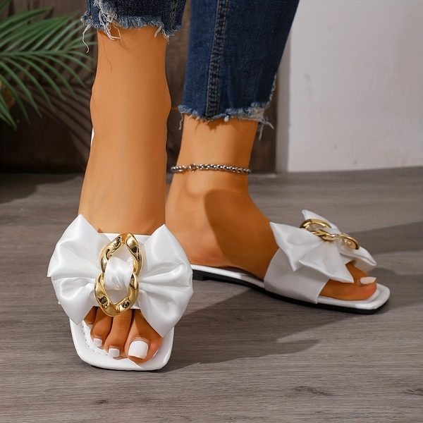 Solid Color Satin Bow Metal Buckle Square Toe Sandals Summer Fashion All-Match Flat Bottom Slippers, Women Shoes
