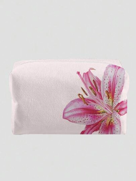 ROMWE Kawaii Pink Base Lily Flower Pattern Octagonal Velvet Cosmetic Bag